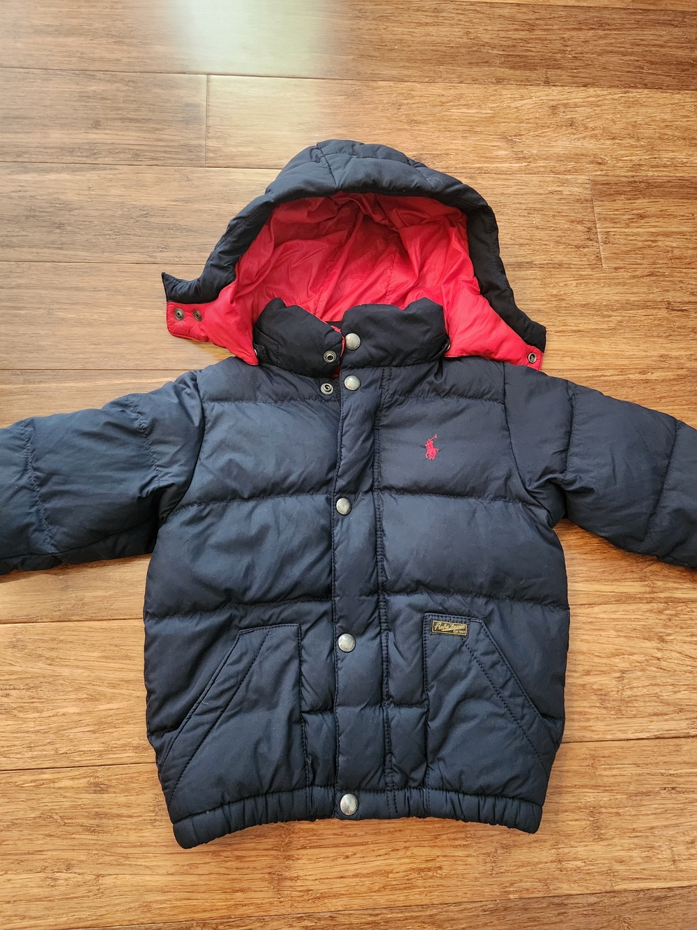 Polo Ralph Lauren Boys Navy Blue Puffer Jacket Winter Coat with Red Lining, 3t